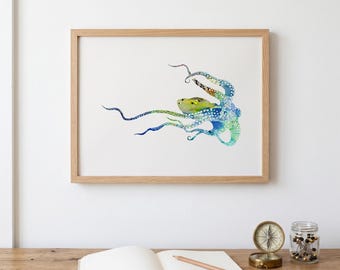 Blue Octopus Watercolor Art Print, Nautical Ocean Wall Art, Unframed Or Framed Canvas