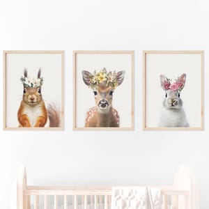Woodland Animals Wall Decor Set – Squirrel, Rabbit, and Deer Prints with Flower Crowns for Kids Room Nursery Art