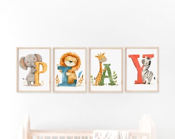 Estampados de animales en acuarela: Decoración infantil con alfabeto PLAY, juego de 4