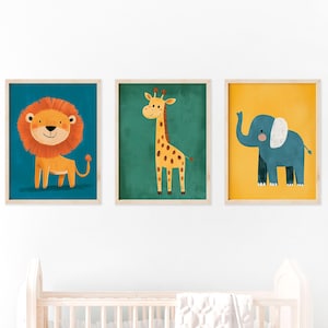 Löwe Giraffe Elefant Drucke - 3er Set Safari Tier Wandkunst - Bunte Kinderzimmer Dekoration - Kinderzimmer Prints - Spielzimmer oder Kleinkind Schlafzimmer