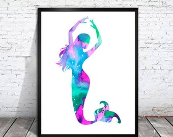 Watercolor Mermaid Art Print: Nautical Ocean Wall Decor