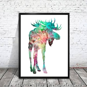 Colorful Moose print, Watercolor print, Animal art,  Art Print, Illustration, Art gifts, Wall decor