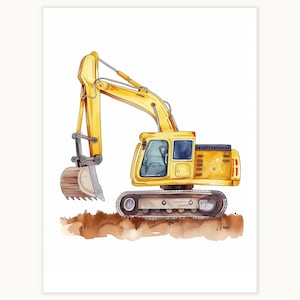Yellow excavator print, Nursery Decor, Toddler Room Wall Art, Construction Theme Decor, Kids&#39; Room Illustration Print