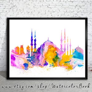 Istanbul Print, Skyline, Cityscape, Watercolor print, Art Print, Illustration, Art gifts, Wall decor, City silhouette image 1