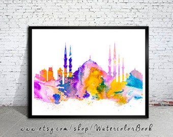 Istanbul Print, Skyline, Cityscape, Watercolor print, Art Print, Illustration, Art gifts, Wall decor, City silhouette