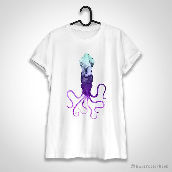 Squid T-shirt, Unisex T-shirt, ring spun Cotton 100%, watercolor print T shirt, T shirt art, T shirt Squid ,XS, S, M, L, XL, XXL