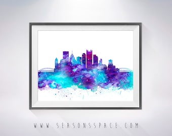 Pittsburgh Pennsylvania Print, Skyline, Cityscape, Watercolor print, Art Print, Illustration, Art gifts, Wall decor, City silhouette