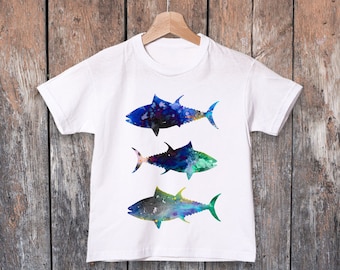 Tuna kids T-shirt, colorful ring spun Cotton 100%, watercolor print T shirt, T shirt art, boys and girls clothing, vivid colors