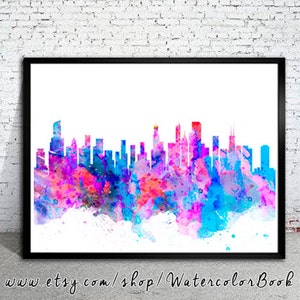 Chicago afdrukken, Skyline stadsgezicht, aquarel afdrukken, Art Print, illustratie, de giften van de kunst, wand decor, stad silhouet