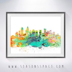 Charlotte North Carolina Print, Skyline, Paisaje urbano, Impresión de acuarela, Impresión de arte, Ilustración, Regalos de arte, Decoración de la pared, Silueta de la ciudad