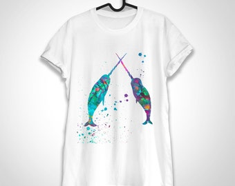 Camiseta Love Narwhals, camiseta unissex, algodão fiado em anel 100%, camiseta com estampa aquarela, arte de camiseta, camiseta Narwhals, XS, S, M, L, XL, XXL