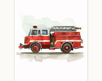 May include: A red fire engine with a white ladder and a water hose. The engine has a white stripe along the side and a black bumper.