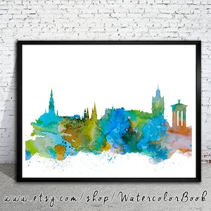 Edimburgo stampare, orizzonte, paesaggio urbano, acquerello stampa, Art Print, illustrazione, arte regali, decorazione della parete, siluetta della città