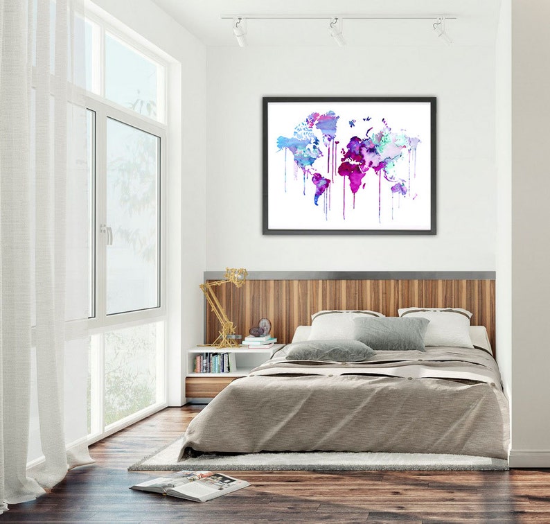 Blue Purple WATERCOLOR MAP Map art watercolor painting, World Map Handmade poster Watercolor poster Watercolor Painting home decor