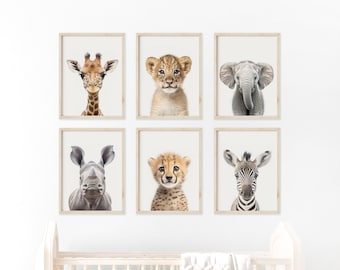 Cute Safari Animal Prints for Nursery, Set of 6 Printable Digital Download Decor, Giraffe, Lion Cub, Elephant, Rhino, Cheetah and Zeebra