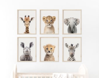 Impressions d'animaux Safari mignons pour chambre d'enfant, lot de 6 décorations imprimables en téléchargement numérique, girafe, lionceau, éléphant, rhinocéros, guépard et zèbre