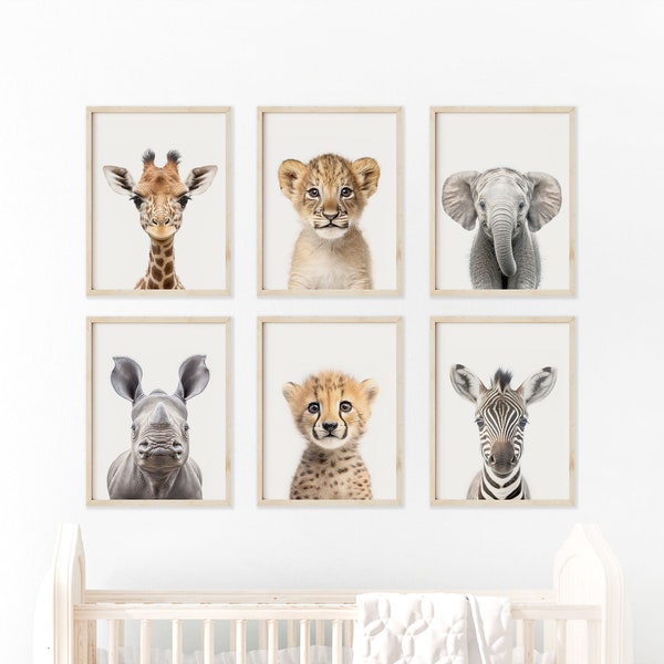 Niedliche Safari Tier Drucke für Kinderzimmer, Set von 6 druckbare digitale Download Dekor, Giraffe, Löwenjunges, Elefant, Nashorn, Gepard und Zeebra