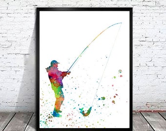 Fishing Watercolor Print, Fishing art, Fish Art Print, Wall Art, Home Decor, art print, watercolor painting, Fishing