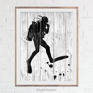 Scuba Diving Art Print: Vintage Sport Poster on Wood