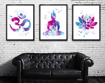 Yoga SET Watercolor art Print in blue and purple, Buddha  watercolor, Buddha art, Om Symbol Yoga art, Buy 2 Get 1 FREE!!! Special offer,