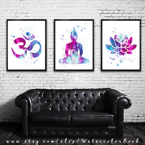 Yoga SET Watercolor art Print in blue and purple, Buddha  watercolor, Buddha art, Om Symbol Yoga art, Buy 2 Get 1 FREE!!! Special offer,