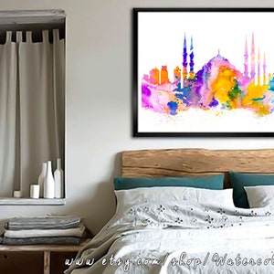 Istanbul Print, Skyline, Cityscape, Watercolor print, Art Print, Illustration, Art gifts, Wall decor, City silhouette image 4