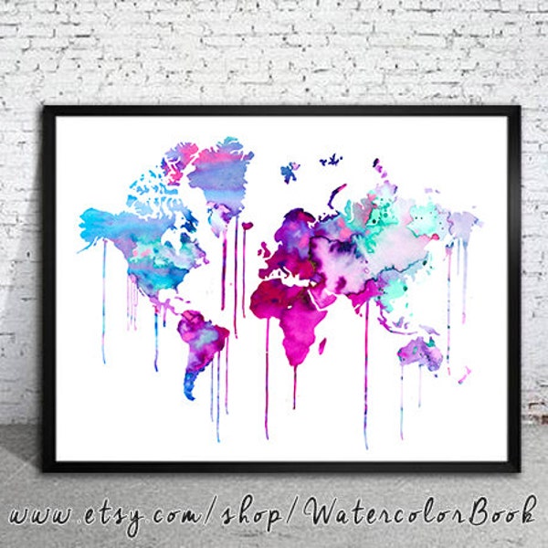 Impresión artística de mapa del mundo en acuarela azul y púrpura