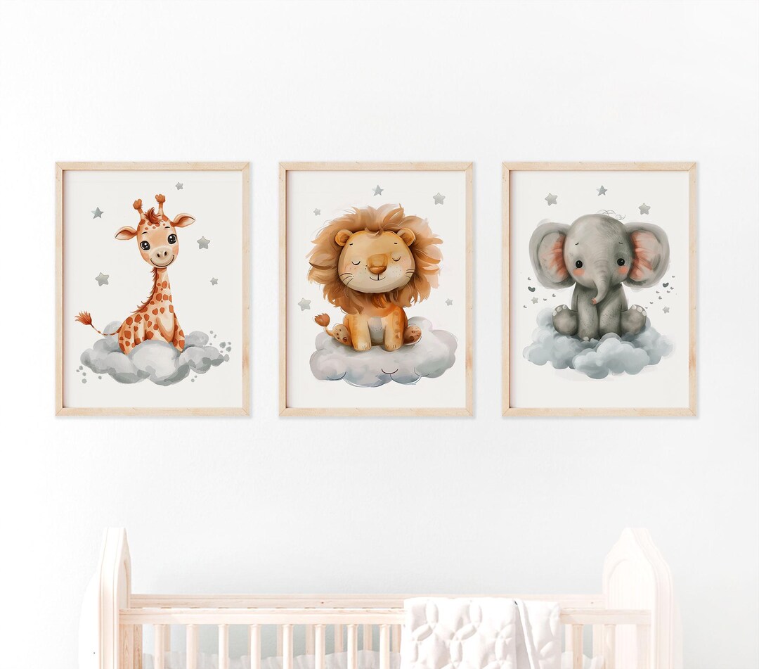 Cute Animal Nursery Wall Art Set of 3 - Giraffe, Lion, Elephant on ...