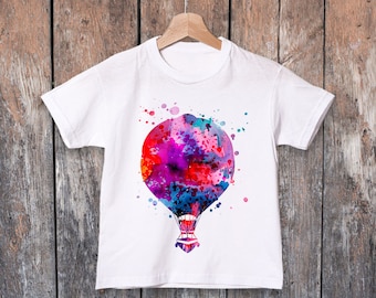 Hot Air Balloon kids T-shirt, colorful ring spun Cotton 100%, watercolor print T shirt, T shirt art, boys and girls clothing, vivid colors