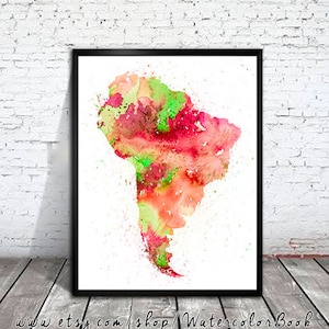 Aquarelle d’Amérique du Sud, carte de l’Amérique du Sud, peinture aquarelle. Affiche aquarelle. Affiche à la main. Affiche continent