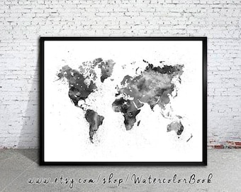 World Map - World Map Art Print Watercolor Illustration Wall Art Home ...