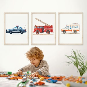 Conjunto de arte de pared para habitación de niños, Impresiones de coche de policía, camión de bomberos y ambulancia, Conjunto de 3 grabados, Obras de arte de habitación para niños pequeños, Arte imaginativo para niños