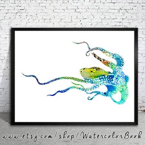 Blue Octopus Watercolor Print: Nautical Ocean Art