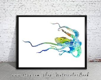 Impresión de pulpo azul, impresiones náuticas, arte oceánico, impresión de mar, impresión de acuarela, impresión de arte, ilustración, regalos de arte, decoración de pared