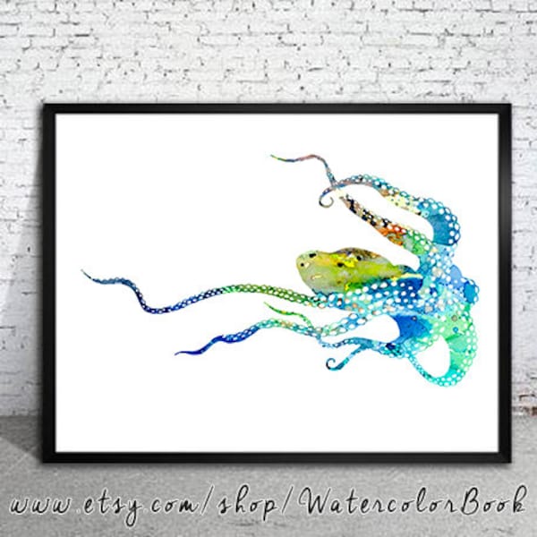 Blue Octopus print, Nautical prints, Ocean art, Sea print, Watercolor print, Art Print, Illustration, Art gifts, Wall decor