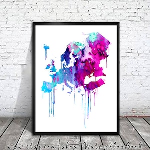 Blauwe aquarel Europa kaart, kaart van Europa, aquarel, aquarel poster, handgemaakte poster, de affiche van het Continent, kaart aquarel, illustratie toewijzen