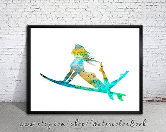 Surfer girl  Watercolor painting art Print, sport Art, Home Decor, Surf art, watercolor painting, Surf watercolor, surfing art,