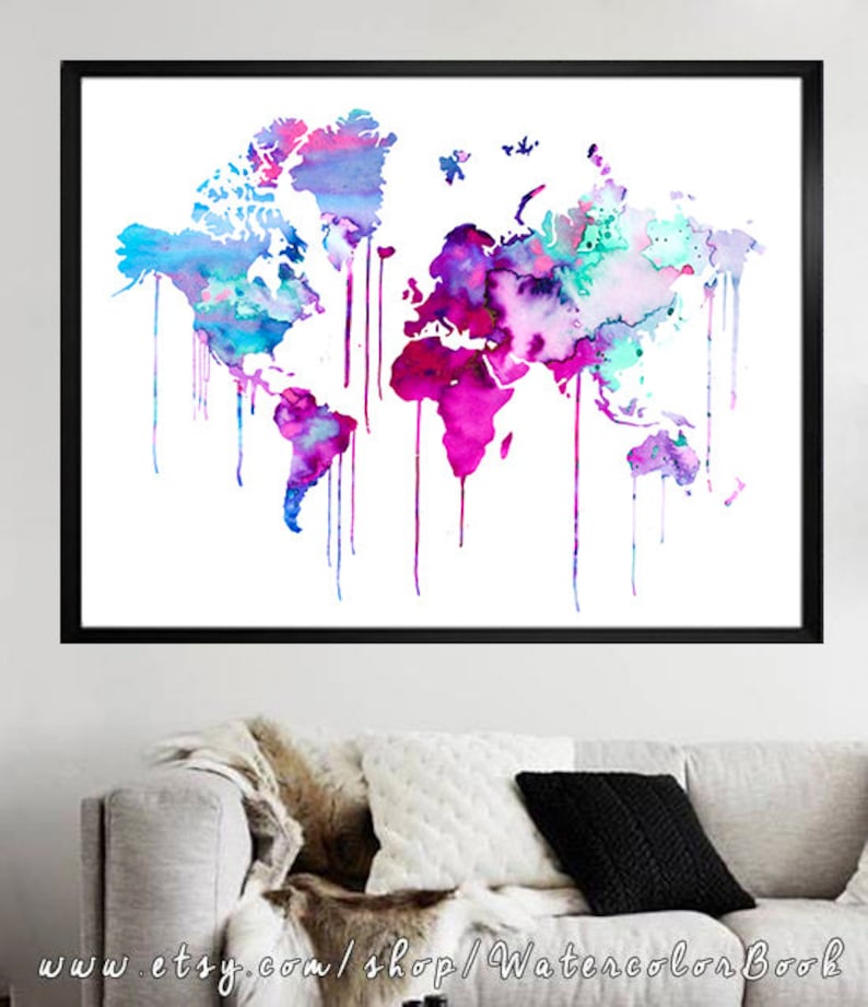 Blue Purple WATERCOLOR MAP Map art watercolor painting, World Map Handmade poster Watercolor poster Watercolor Painting home decor