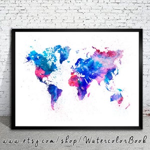 CARTE aquarelle - carte du monde. Peinture à l’aquarelle. Affiche aquarelle. Affiche à la main.