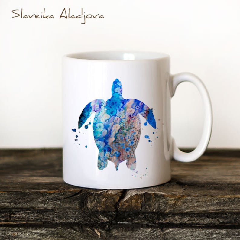 Turtle Mug Watercolor Ceramic Mug Unique Gift Bird Coffee Mug Animal Mug Tea Cup Art Illustration Cool Kitchen Art sea mug Turtle print image 1