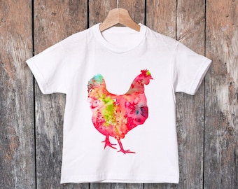 Chicken kids T-shirt, colorful ring spun Cotton 100%, watercolor print T shirt, T shirt art, boys and girls clothing, vivid colors