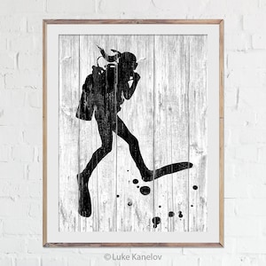 Scuba Diving Girl Vintage Poster: Sport Art Wood Print