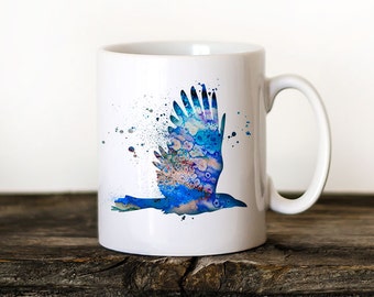 Raven Mug Watercolor Ceramic Mug Unique Gift Bird Coffee Mug Animal Mug Tea Cup Art Illustration Cool Kitchen Art Printed