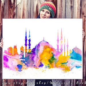 Istanbul Print, Skyline, Cityscape, Watercolor print, Art Print, Illustration, Art gifts, Wall decor, City silhouette image 2