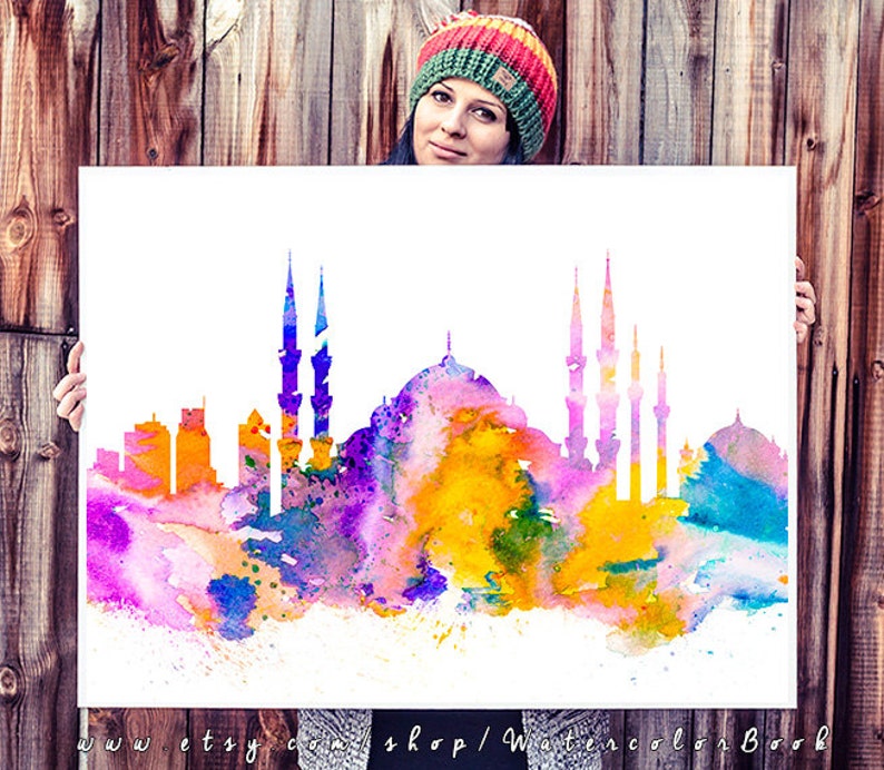 Istanbul Print, Skyline, Cityscape, Watercolor print, Art Print, Illustration, Art gifts, Wall decor, City silhouette image 2