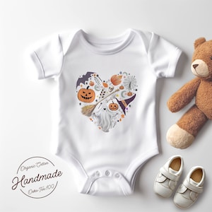 Spooky and Cute Halloween Baby Bodysuit or a Toddler T-shirt for Your Little One! Hearth with Halloween symbols, Ghost, Spiders and  Pumpkin
