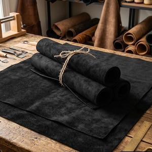 May include: A stack of black suede leather sheets tied with twine, resting on a wooden workbench. The scene includes various leatherworking tools, a metal ruler, metal buckles, and a spool of thread. The text Black Suede is visible.