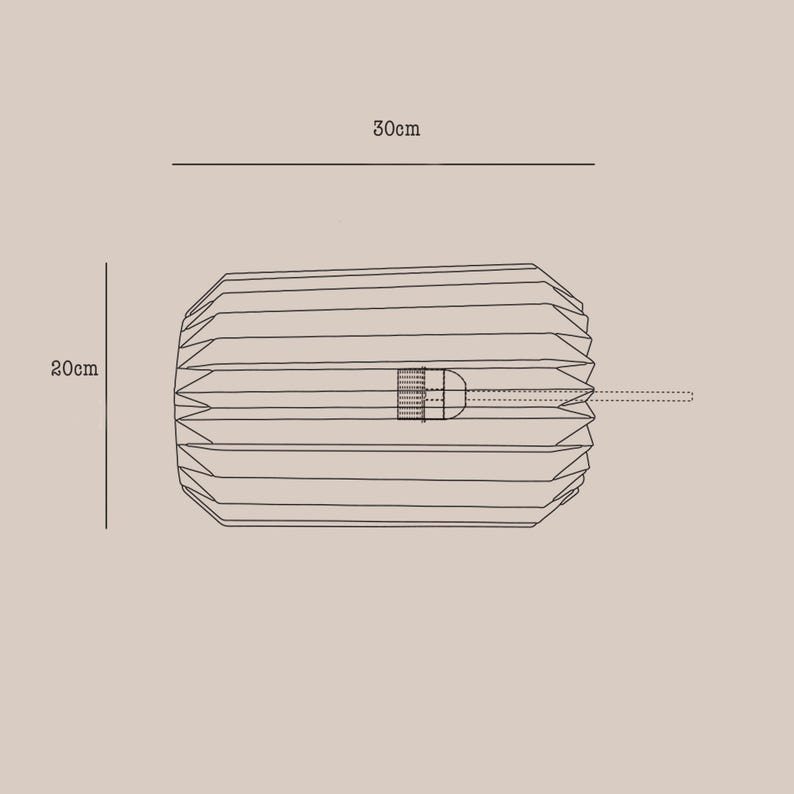 May include: A technical line drawing of a cylindrical pleated lampshade with a central socket. The diagram includes dimension lines indicating a width of 30cm and a height of 20cm, with a dotted line representing the internal light fixture.