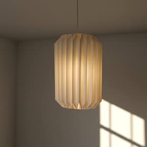 May include: A cylindrical pendant light fitting featuring a pleated, off-white paper shade. The shade has vertical folds that create a textured, accordion-like appearance, suspended from the ceiling by a thin, neutral-coloured cord.