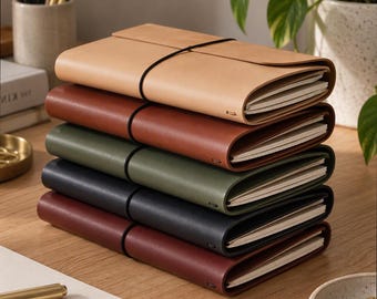 May include: A stack of five rectangular leather-bound journals, each secured with a thin black elastic band. The covers are in shades of tan, brown, olive green, black, and dark red, with visible white paper pages tucked inside each.